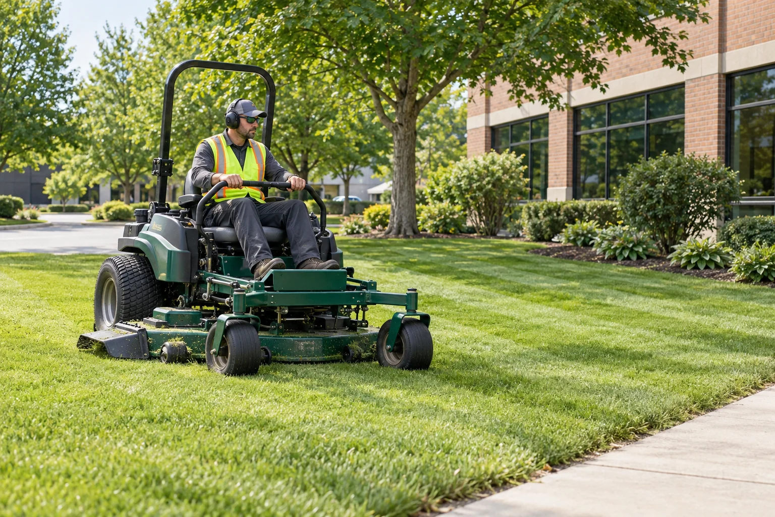 Illustrative commercial ride-on mower maintaining an office lawn