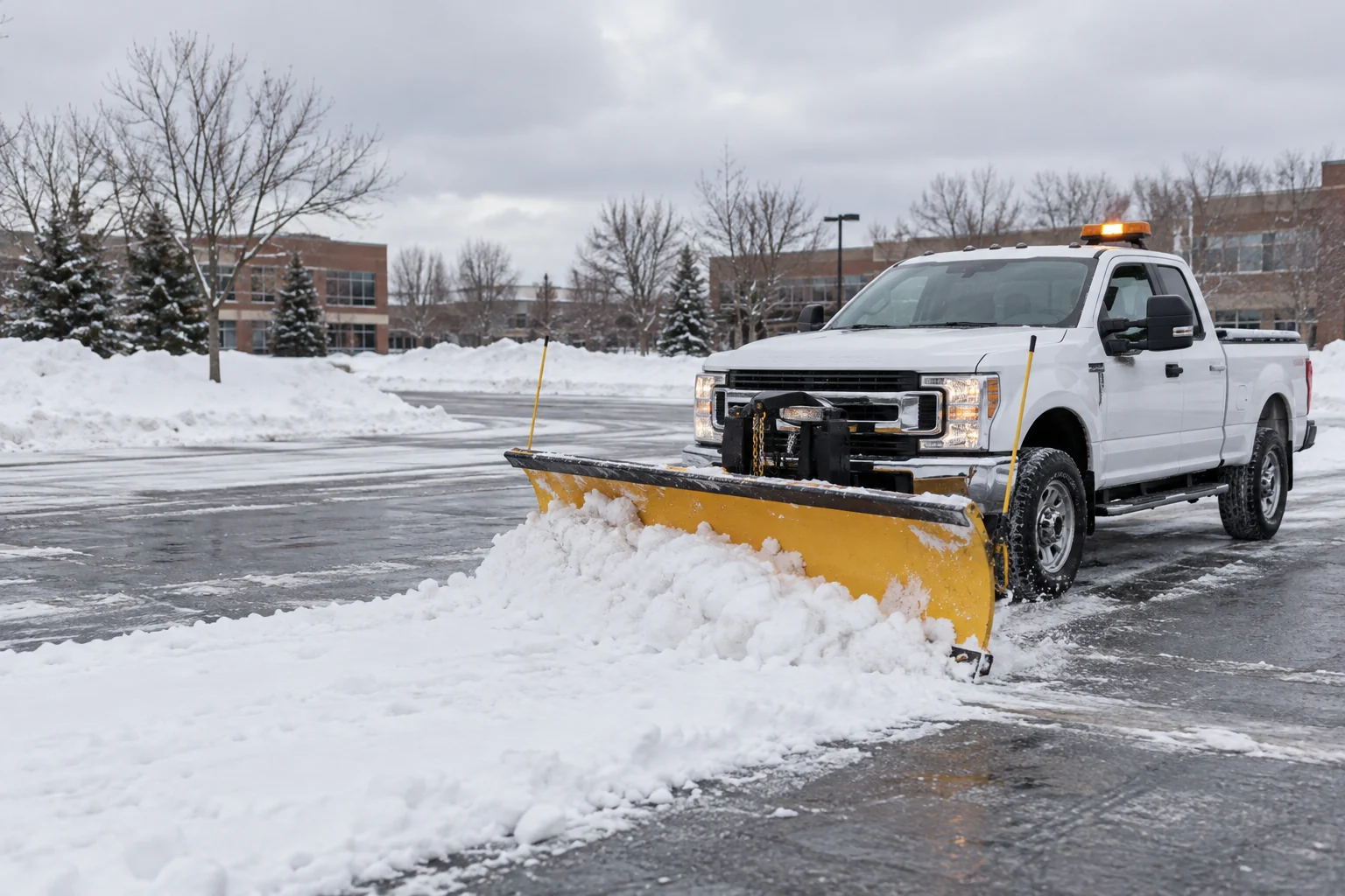 Illustration of a pickup truck with a front-mounted snowplow clearing a commercial lot